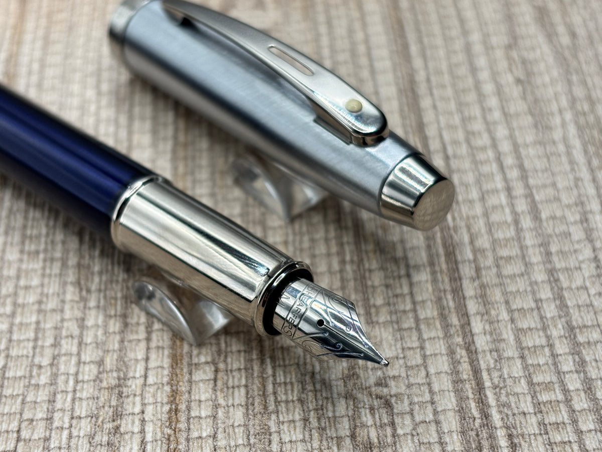Sheaffer "100" Satin Chrome Cap Navy Blue Barrel - Fountain Pen