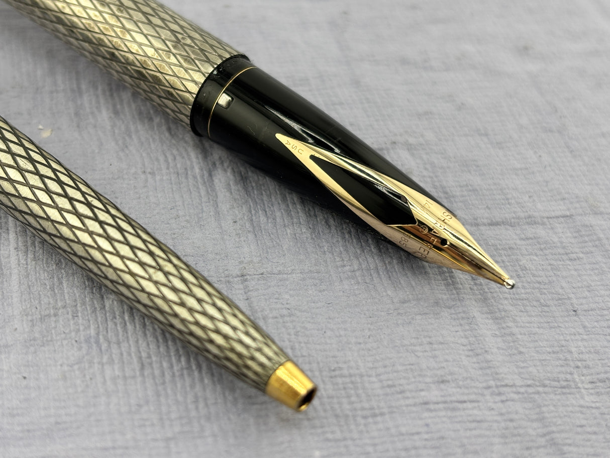 Sheaffer Imperial  Set Sterling Silver 925 Crossed lines 14k Gold Nib rare double broad !!