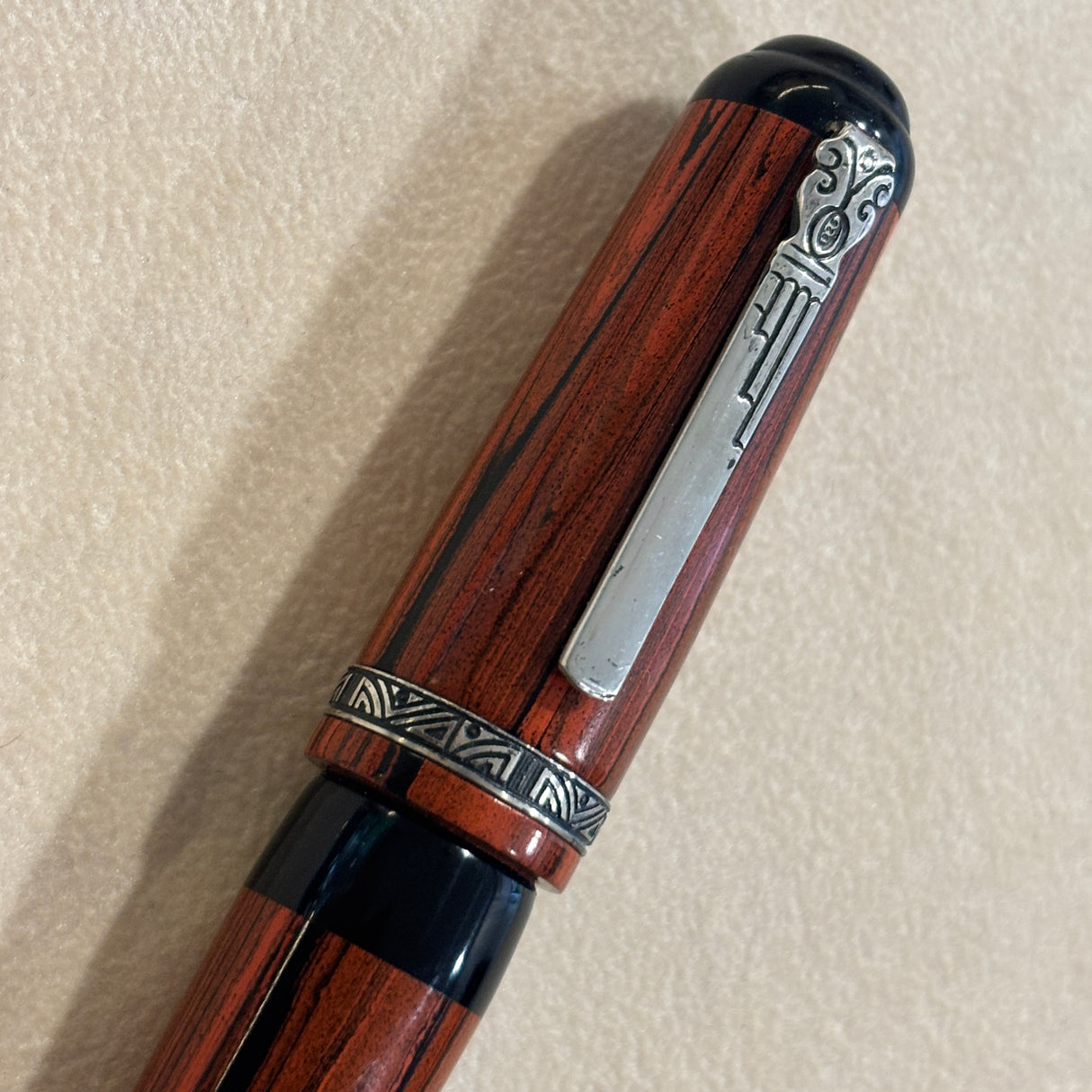 Marlen BVCCVS Oversized rollerball orange and black Mottled ebonite - Sterling Silver Clip & Trim