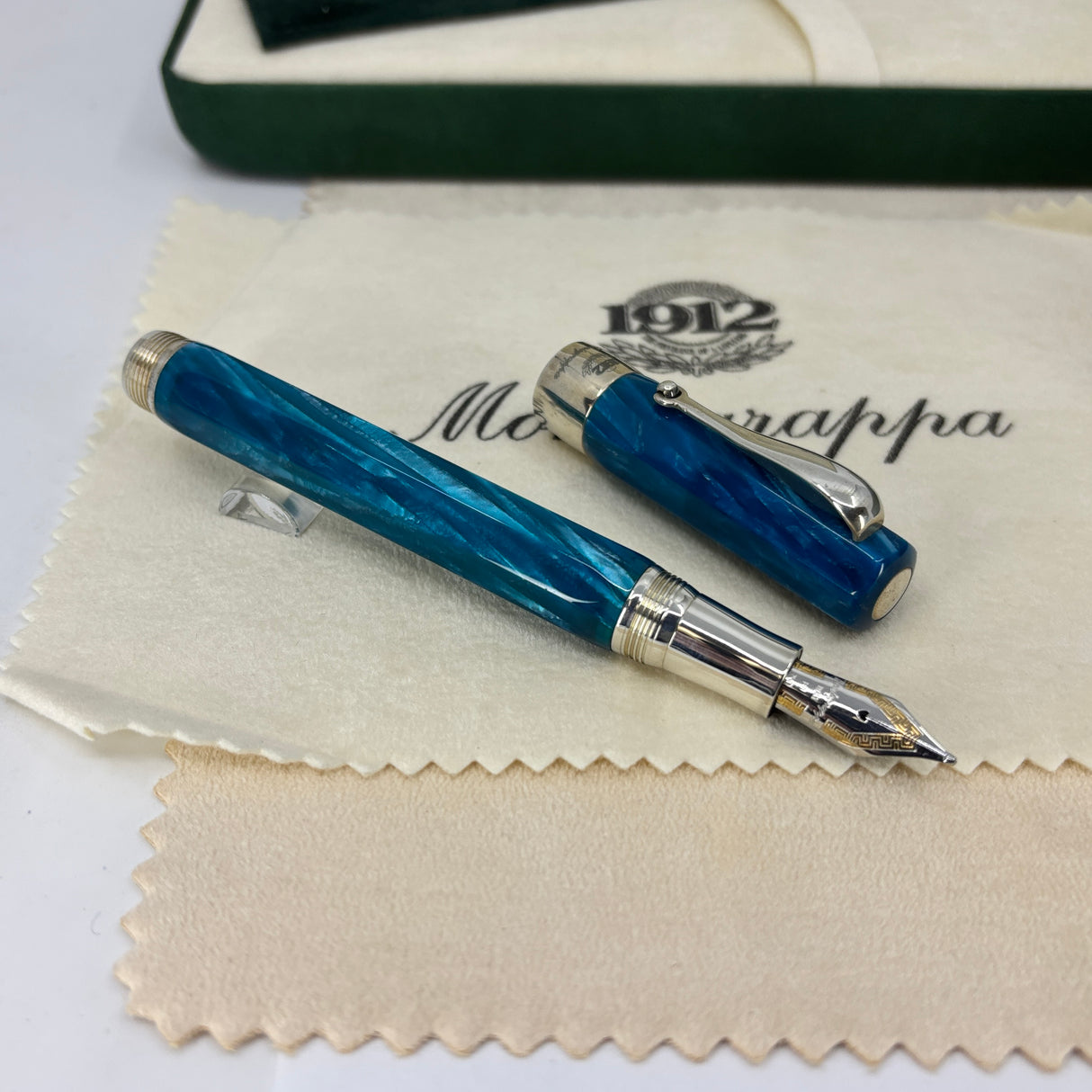 Montegrappa 1912 Symphony Turquoise Blue Celluloid Fountain Pen - Sterling Silver Trim - Double Broad 18kt Gold Nib