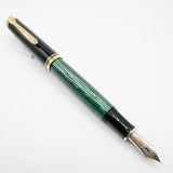 Pelikan M800 Souveran Black Cap & Green Striped Barrel Fountain Pen -  Extra Fine 18kt Gold Nib