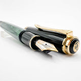 Pelikan M800 Souveran Black Cap & Green Striped Barrel Fountain Pen -  Extra Fine 18kt Gold Nib
