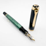 Pelikan M800 Souveran Black Cap & Green Striped Barrel Fountain Pen -  Extra Fine 18kt Gold Nib