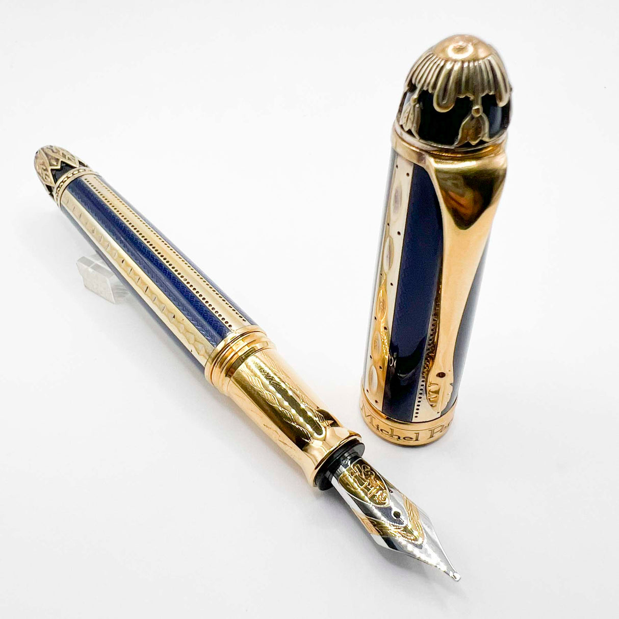 Michel Perchin Ribbed Blue Enamel and Gold Vermeil Limited Edition Fountain Pen (1995) - Broad 18kt Gold Nib