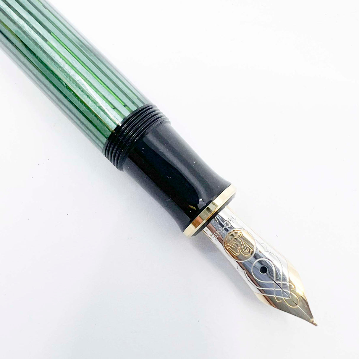 Pelikan M600 Fountain Pen - Black Cap/Green Striped Barrel - Fine 14kt Gold Nib