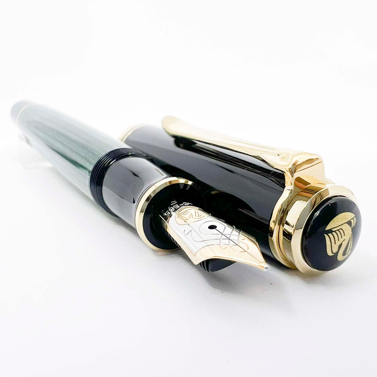 Pelikan M600 Fountain Pen - Black Cap/Green Striped Barrel - Fine 14kt Gold Nib