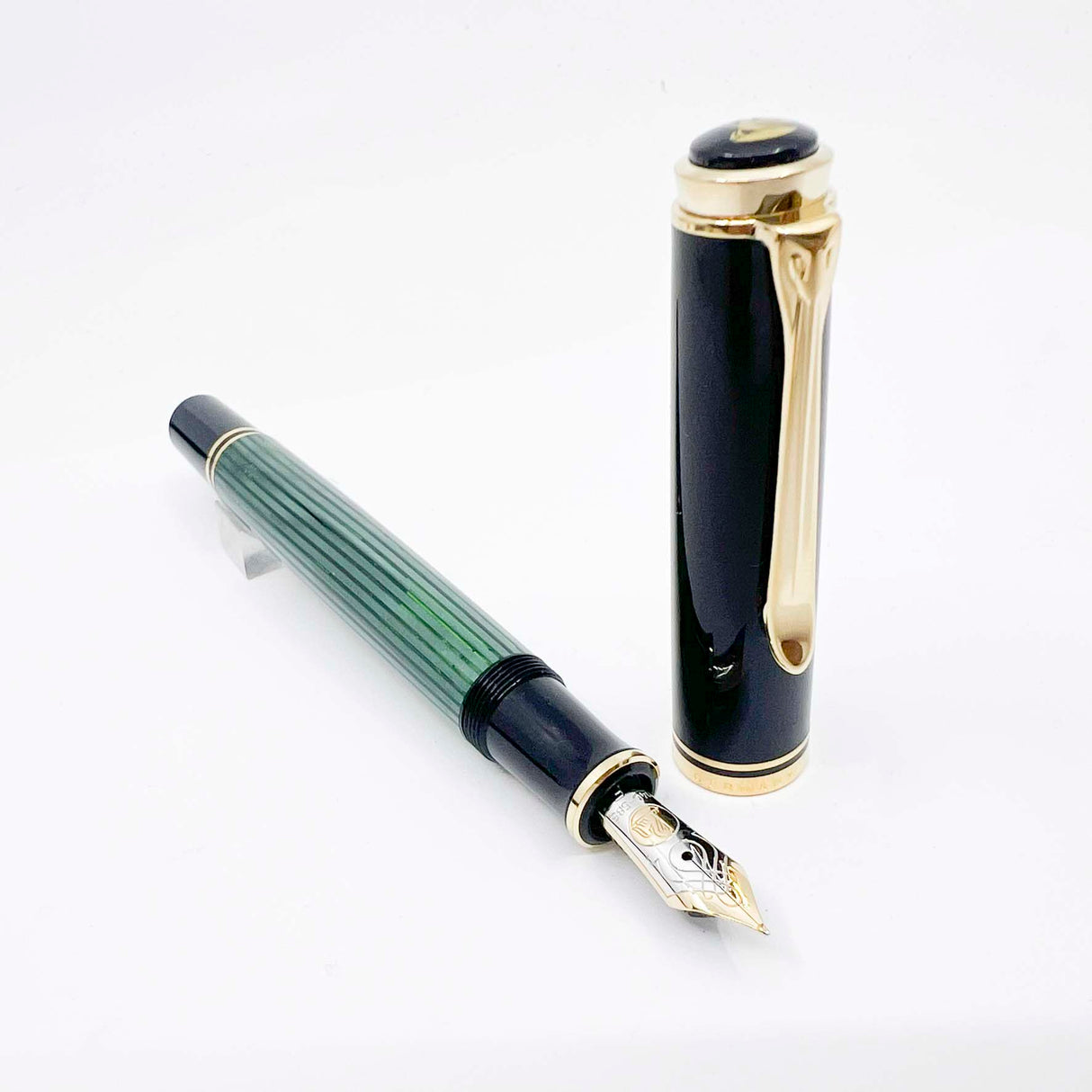 Pelikan M600 Fountain Pen - Black Cap/Green Striped Barrel - Fine 14kt Gold Nib