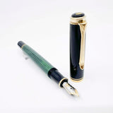 Pelikan M600 Fountain Pen - Black Cap/Green Striped Barrel - Fine 14kt Gold Nib