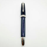 Krone Heavy Sterling Silver Oversized Fountain Pen -  Translucent Dark Blue Enamel overlaying the Sterling Silver Body of Guilloched Wave Design - Medium 18kt Gold Nib