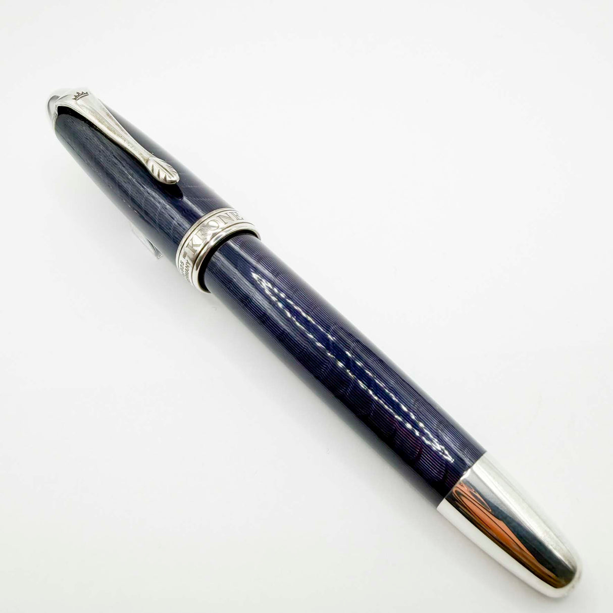 Krone Heavy Sterling Silver Oversized Fountain Pen -  Translucent Dark Blue Enamel overlaying the Sterling Silver Body of Guilloched Wave Design - Medium 18kt Gold Nib
