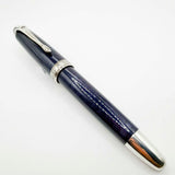 Krone Heavy Sterling Silver Oversized Fountain Pen -  Translucent Dark Blue Enamel overlaying the Sterling Silver Body of Guilloched Wave Design - Medium 18kt Gold Nib