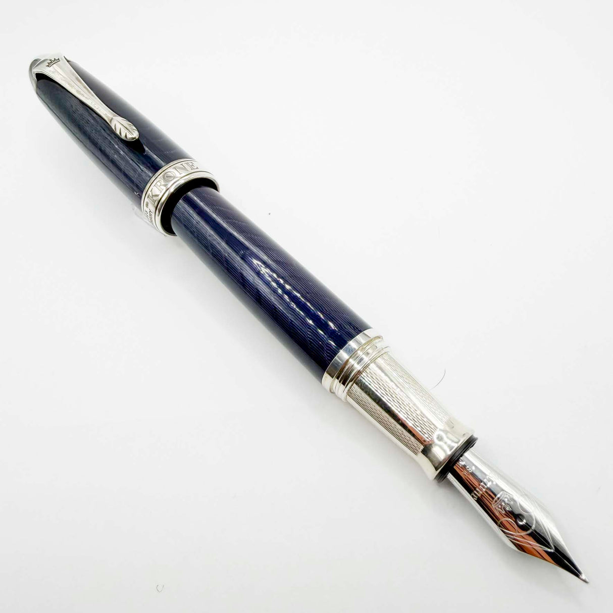 Krone Heavy Sterling Silver Oversized Fountain Pen -  Translucent Dark Blue Enamel overlaying the Sterling Silver Body of Guilloched Wave Design - Medium 18kt Gold Nib