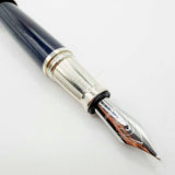 Krone Heavy Sterling Silver Oversized Fountain Pen -  Translucent Dark Blue Enamel overlaying the Sterling Silver Body of Guilloched Wave Design - Medium 18kt Gold Nib