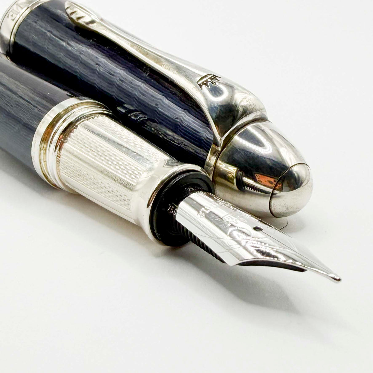 Krone Heavy Sterling Silver Oversized Fountain Pen -  Translucent Dark Blue Enamel overlaying the Sterling Silver Body of Guilloched Wave Design - Medium 18kt Gold Nib