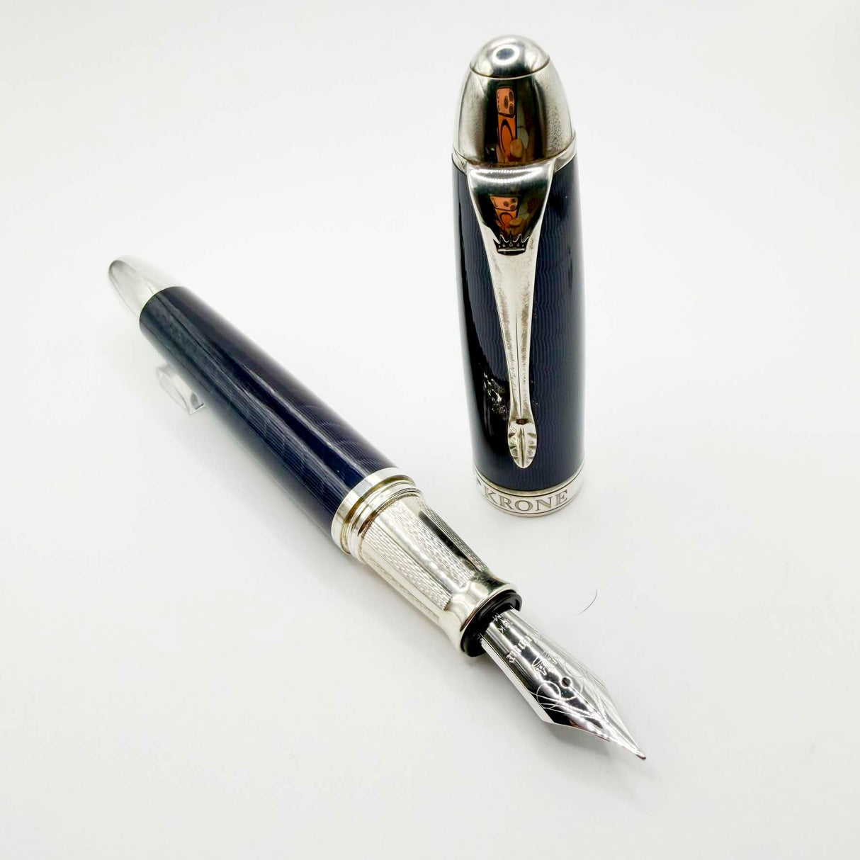 Krone Heavy Sterling Silver Oversized Fountain Pen -  Translucent Dark Blue Enamel overlaying the Sterling Silver Body of Guilloched Wave Design - Medium 18kt Gold Nib