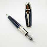 Krone Heavy Sterling Silver Oversized Fountain Pen -  Translucent Dark Blue Enamel overlaying the Sterling Silver Body of Guilloched Wave Design - Medium 18kt Gold Nib