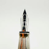 Krone Heavy Sterling Silver Oversized Fountain Pen -  Translucent Dark Blue Enamel overlaying the Sterling Silver Body of Guilloched Wave Design - Medium 18kt Gold Nib