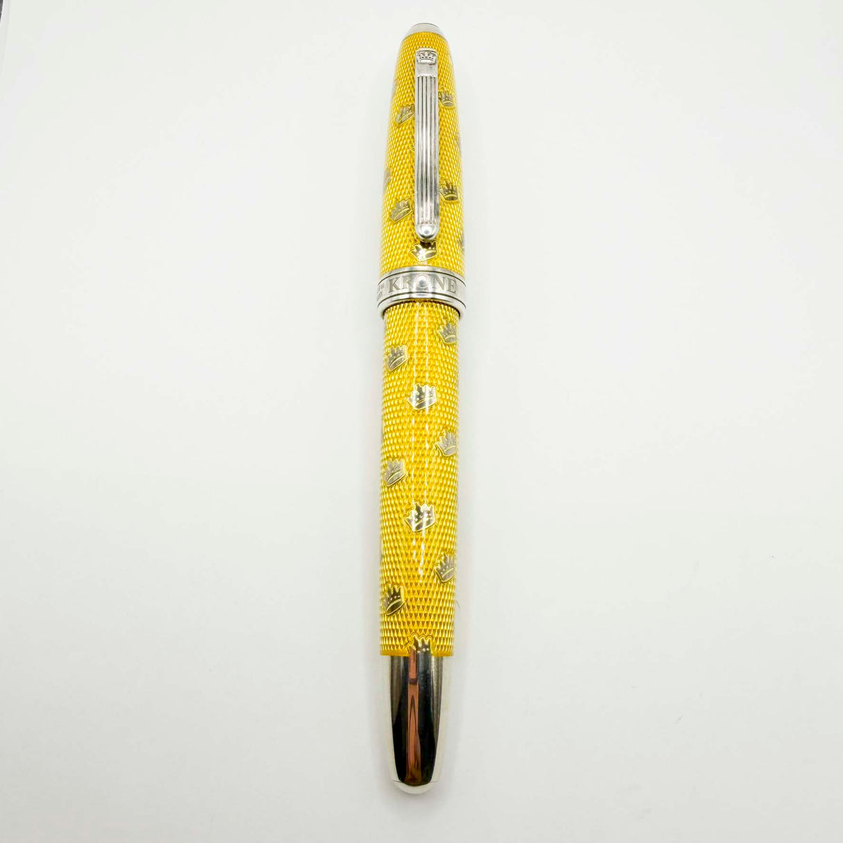 Krone Kronology Heavy Sterling Silver Oversized Rollerball -  Translucent Yellow Enamel overlaying the Guilloched Sterling Silver Body plus Scattered Crowns Engraved