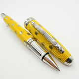 Krone Kronology Heavy Sterling Silver Oversized Rollerball -  Translucent Yellow Enamel overlaying the Guilloched Sterling Silver Body plus Scattered Crowns Engraved