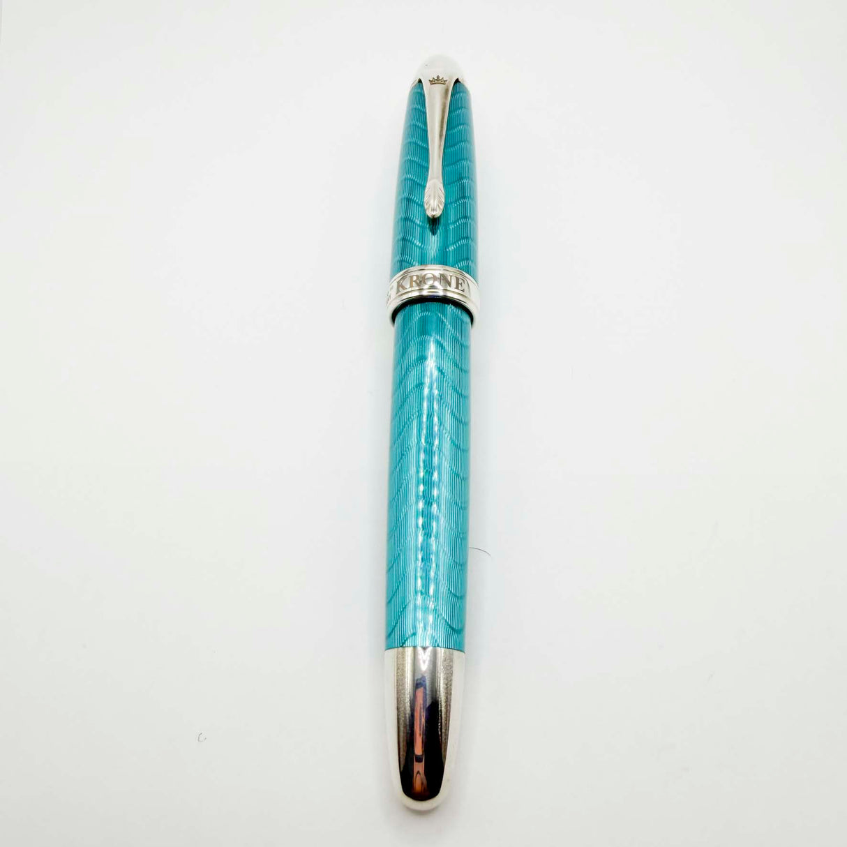 Krone Heavy Sterling Silver Oversized Fountain Pen -  Translucent Turquoise Enamel overlaying the Sterling Silver Body of Guilloched Wave Design - Medium 18kt Gold Nib