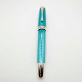 Krone Heavy Sterling Silver Oversized Fountain Pen -  Translucent Turquoise Enamel overlaying the Sterling Silver Body of Guilloched Wave Design - Medium 18kt Gold Nib