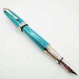 Krone Heavy Sterling Silver Oversized Fountain Pen -  Translucent Turquoise Enamel overlaying the Sterling Silver Body of Guilloched Wave Design - Medium 18kt Gold Nib