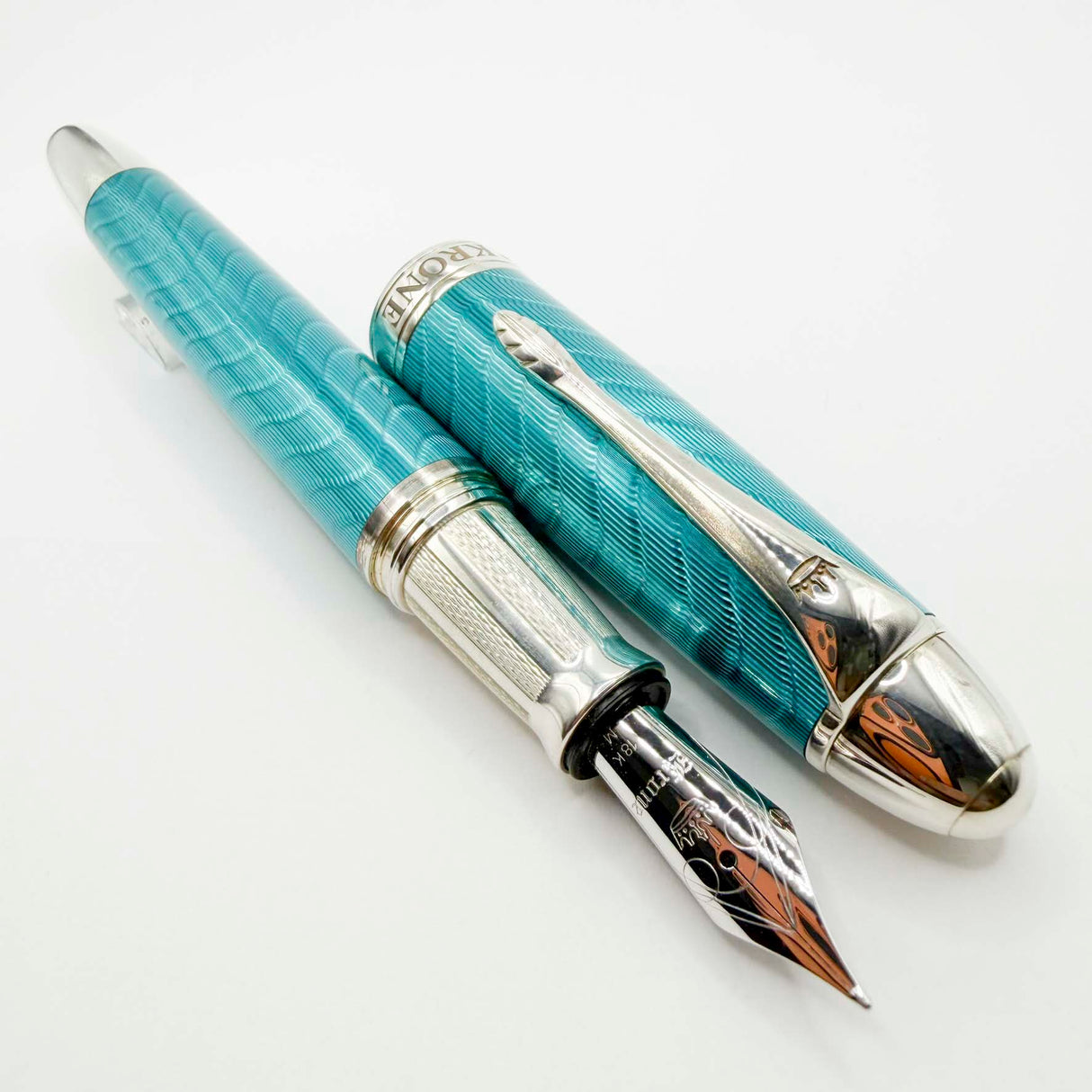 Krone Heavy Sterling Silver Oversized Fountain Pen -  Translucent Turquoise Enamel overlaying the Sterling Silver Body of Guilloched Wave Design - Medium 18kt Gold Nib
