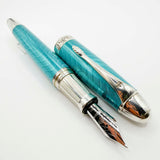 Krone Heavy Sterling Silver Oversized Fountain Pen -  Translucent Turquoise Enamel overlaying the Sterling Silver Body of Guilloched Wave Design - Medium 18kt Gold Nib