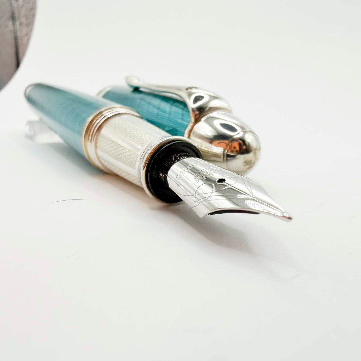 Krone Heavy Sterling Silver Oversized Fountain Pen -  Translucent Turquoise Enamel overlaying the Sterling Silver Body of Guilloched Wave Design - Medium 18kt Gold Nib