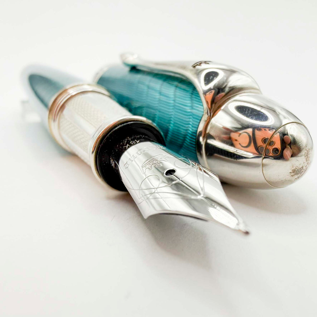 Krone Heavy Sterling Silver Oversized Fountain Pen -  Translucent Turquoise Enamel overlaying the Sterling Silver Body of Guilloched Wave Design - Medium 18kt Gold Nib