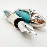 Krone Heavy Sterling Silver Oversized Fountain Pen -  Translucent Turquoise Enamel overlaying the Sterling Silver Body of Guilloched Wave Design - Medium 18kt Gold Nib