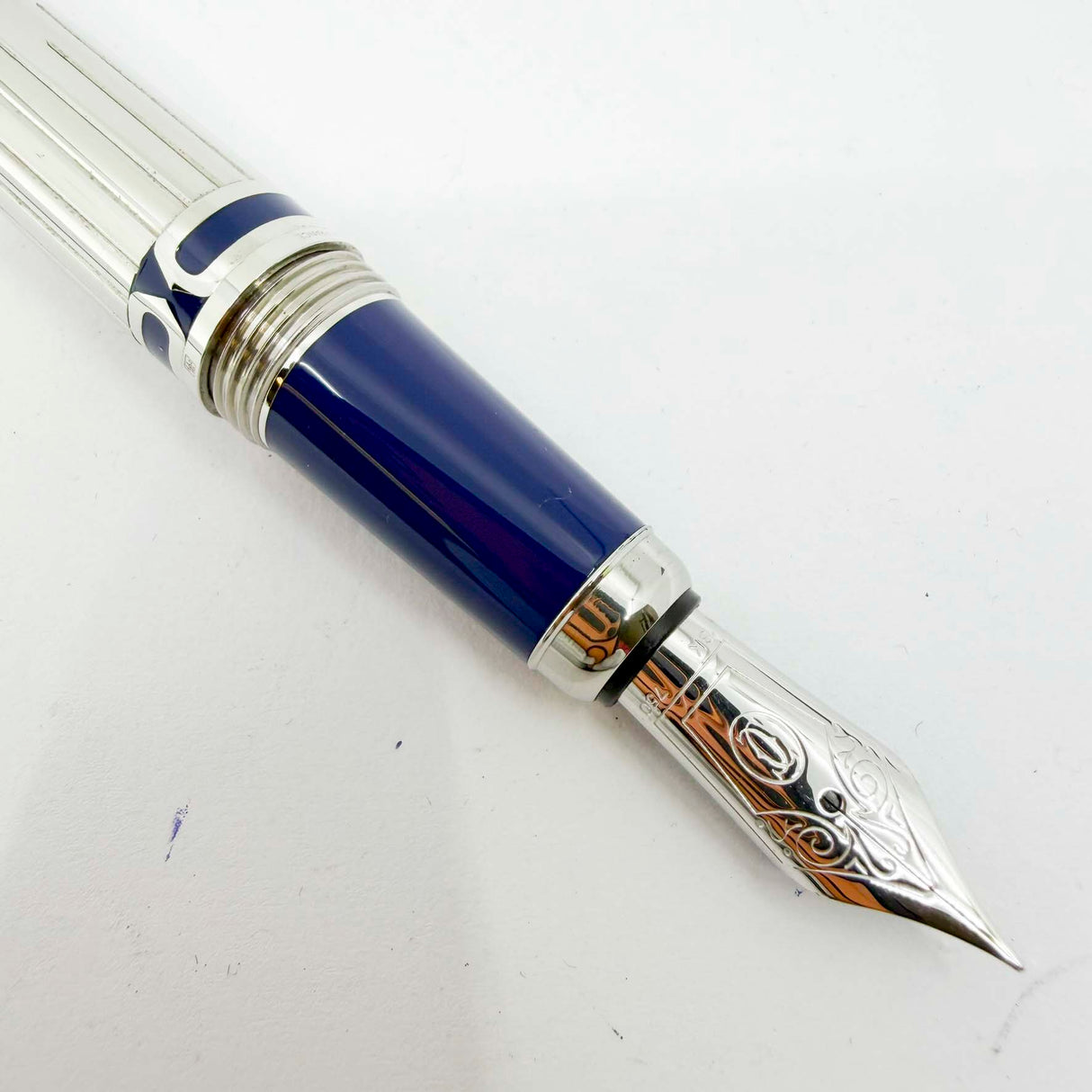 Cartier Platinum-Plated Art Deco Etched Lines & Blue Laque Limited Edition Fountain Pen - Fine 18kt Gold Nib