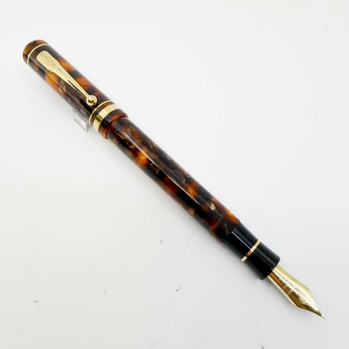 Conway Stewart Marble Brown Fountain Pen for Fountain Pen Hospital's 60th Anniversary #48 of 60 Pens- Fine 18kt Gold Nib - Cap Bands & Clip are 18kt Gold