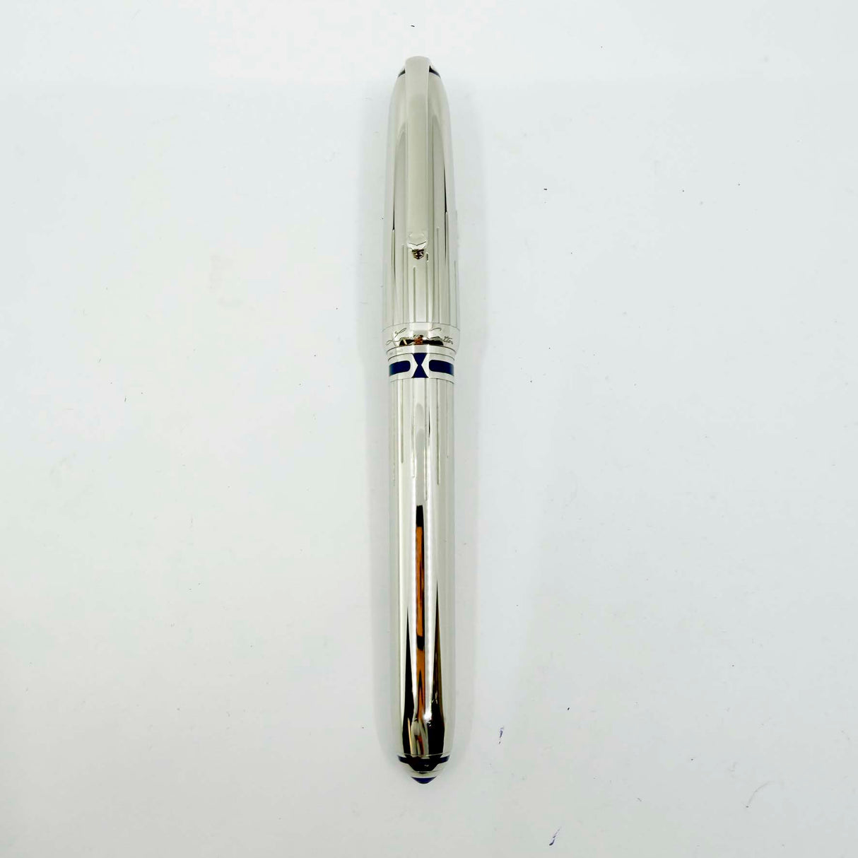 Cartier Platinum-Plated Art Deco Etched Lines & Blue Laque Limited Edition Fountain Pen - Fine 18kt Gold Nib