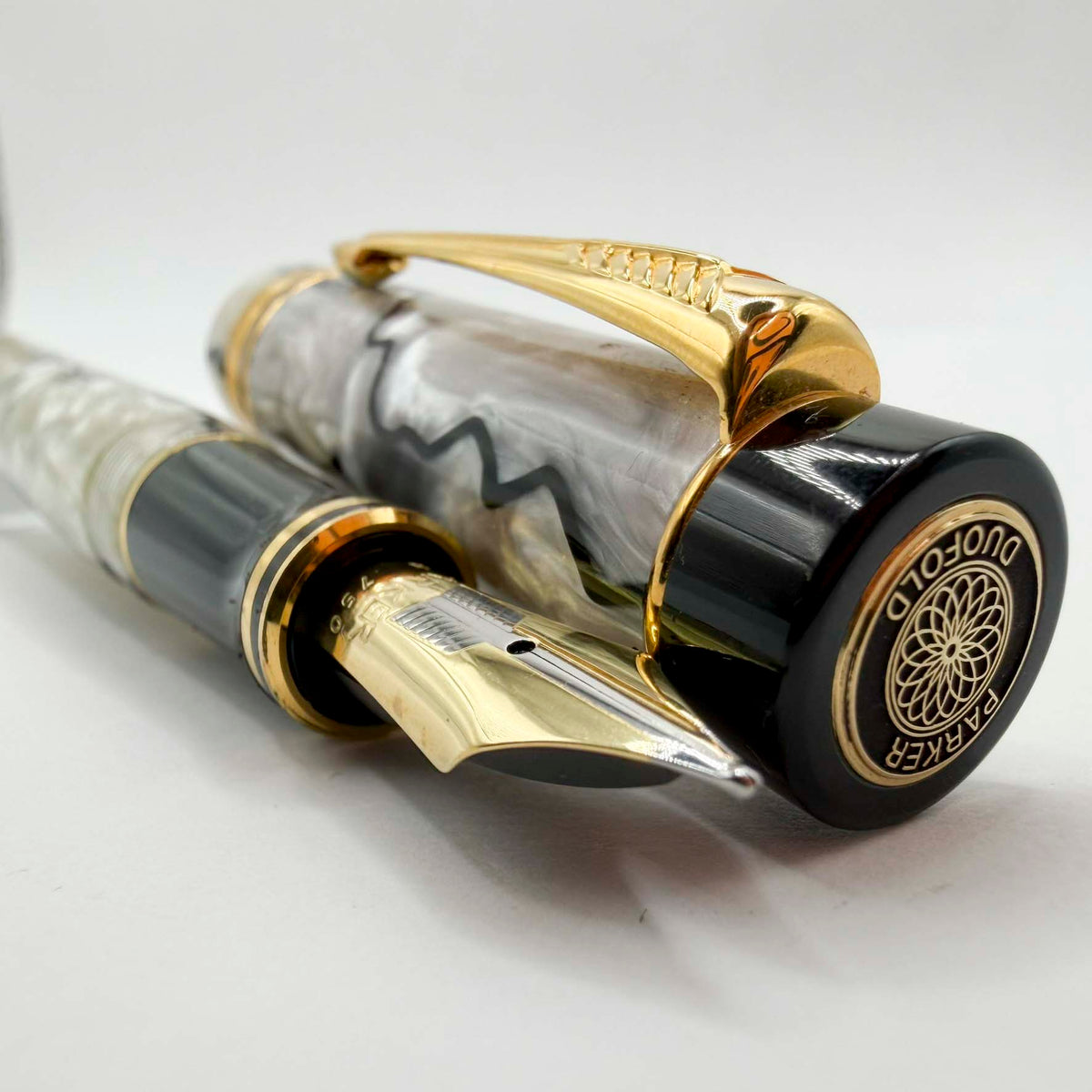 Parker Duofold Centennial (Largest Size) Lustrous  Pearl & Black Fountain Pen  - Medium 18kt Gold Nib