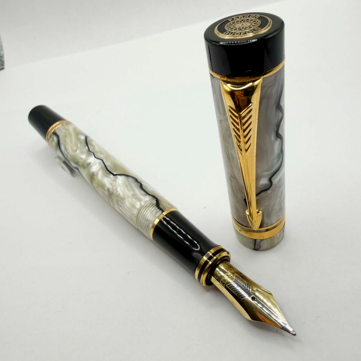 Parker Duofold Centennial (Largest Size) Lustrous  Pearl & Black Fountain Pen  - Medium 18kt Gold Nib