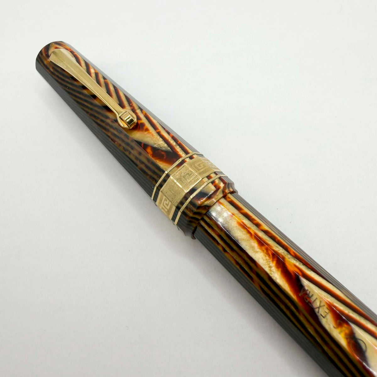 OMAS Paragon Extra/Original Body Style Facetted Arco Bronze Celluloid Fountain Pen in EXQUISITE ULTRA RARE  SPINA/FISHBONE PATTERN - Fine 18kt Gold Nib - Factory Dated 1992 on Grip Section