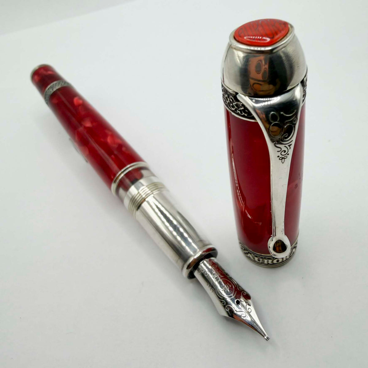 Aurora's 85th Anniversary Red Marble/Sterling Silver Limited Edition Fountain Pen - Broad 18kt Gold Nib